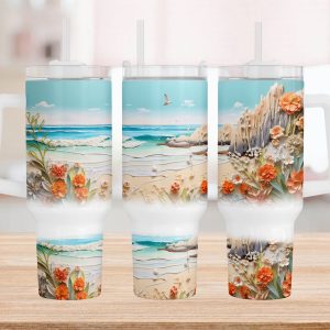 3D Summer Beach Custom Stanley Quencher 40oz Stainless Steel Tumbler With Handle