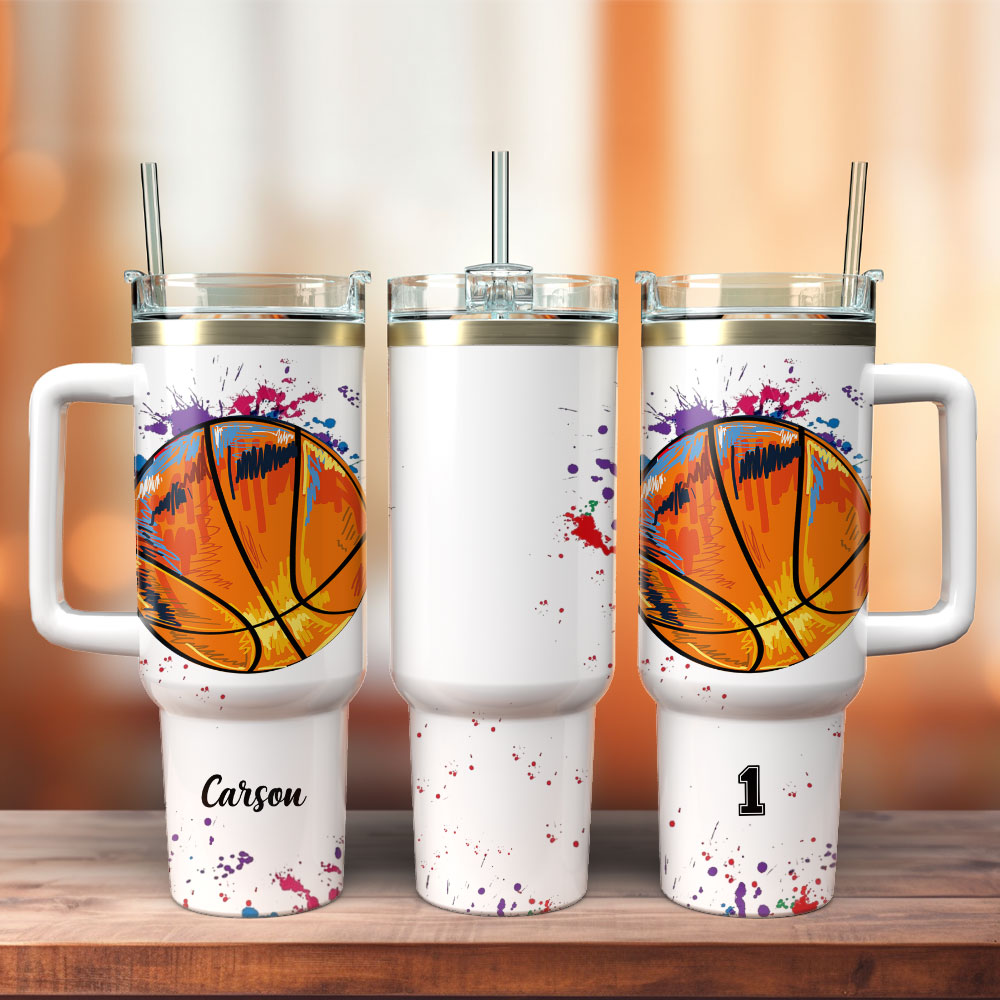 Basketball Art Custom Stanley Quencher 40oz Stainless Steel Tumbler With Handle