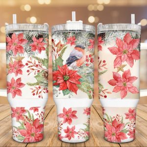 Blooming Poinsettia with Hummingbird Custom Stanley Quencher 40oz Stainless Steel Tumbler With Handle