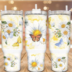 Butterflies and Daisies in Nature Custom Stanley Quencher 40oz Stainless Steel Tumbler With Handle