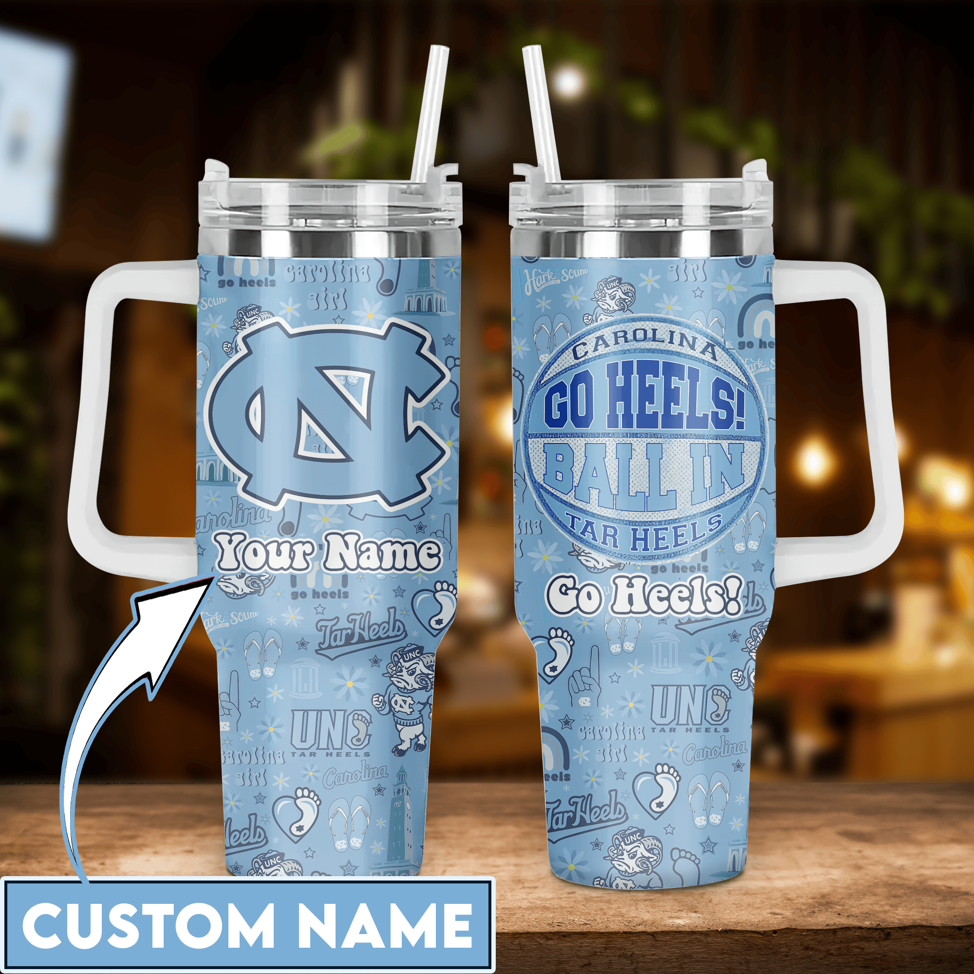 Carolina Tar Heels Basketball Custom Stanley Quencher 40oz Stainless Steel Tumbler With Handle