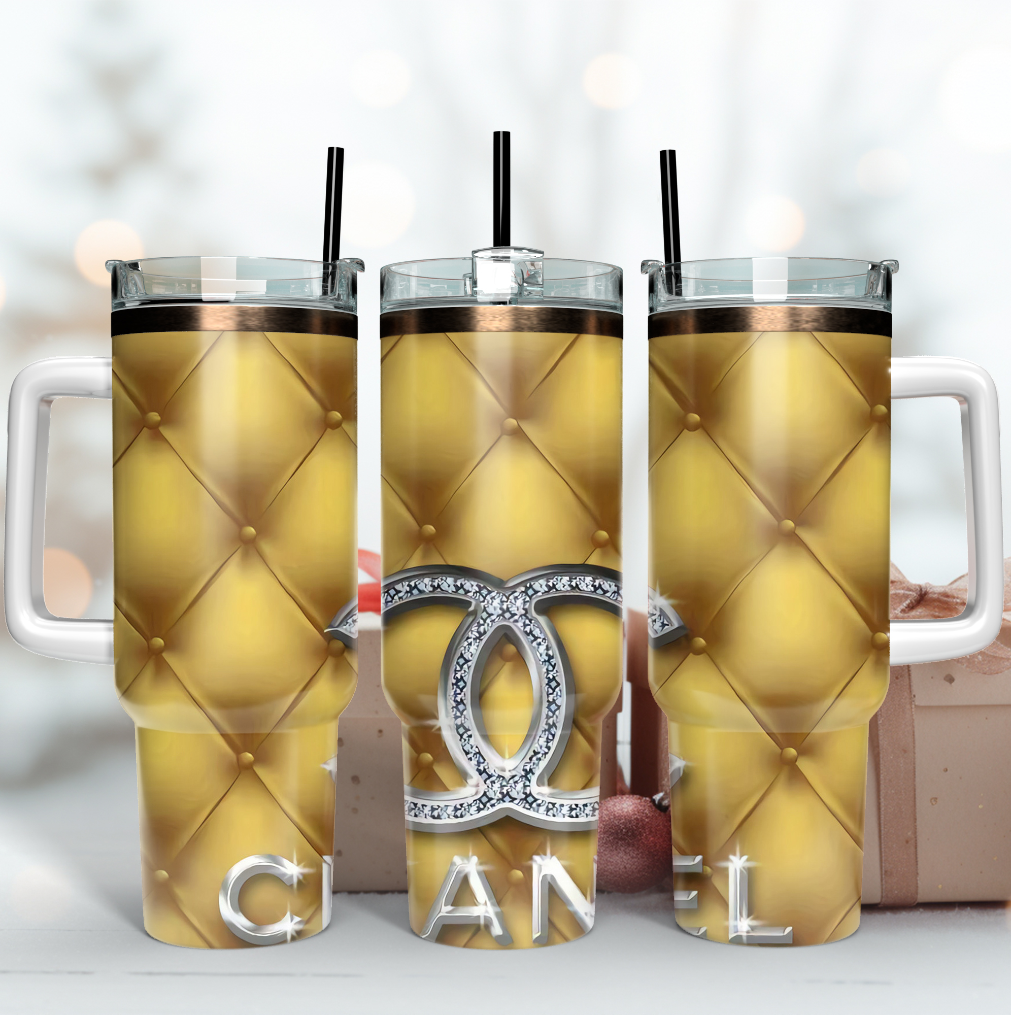 Chanel Glitter Bling Logo Custom Stanley Quencher 40oz Stainless Steel Tumbler With Handle