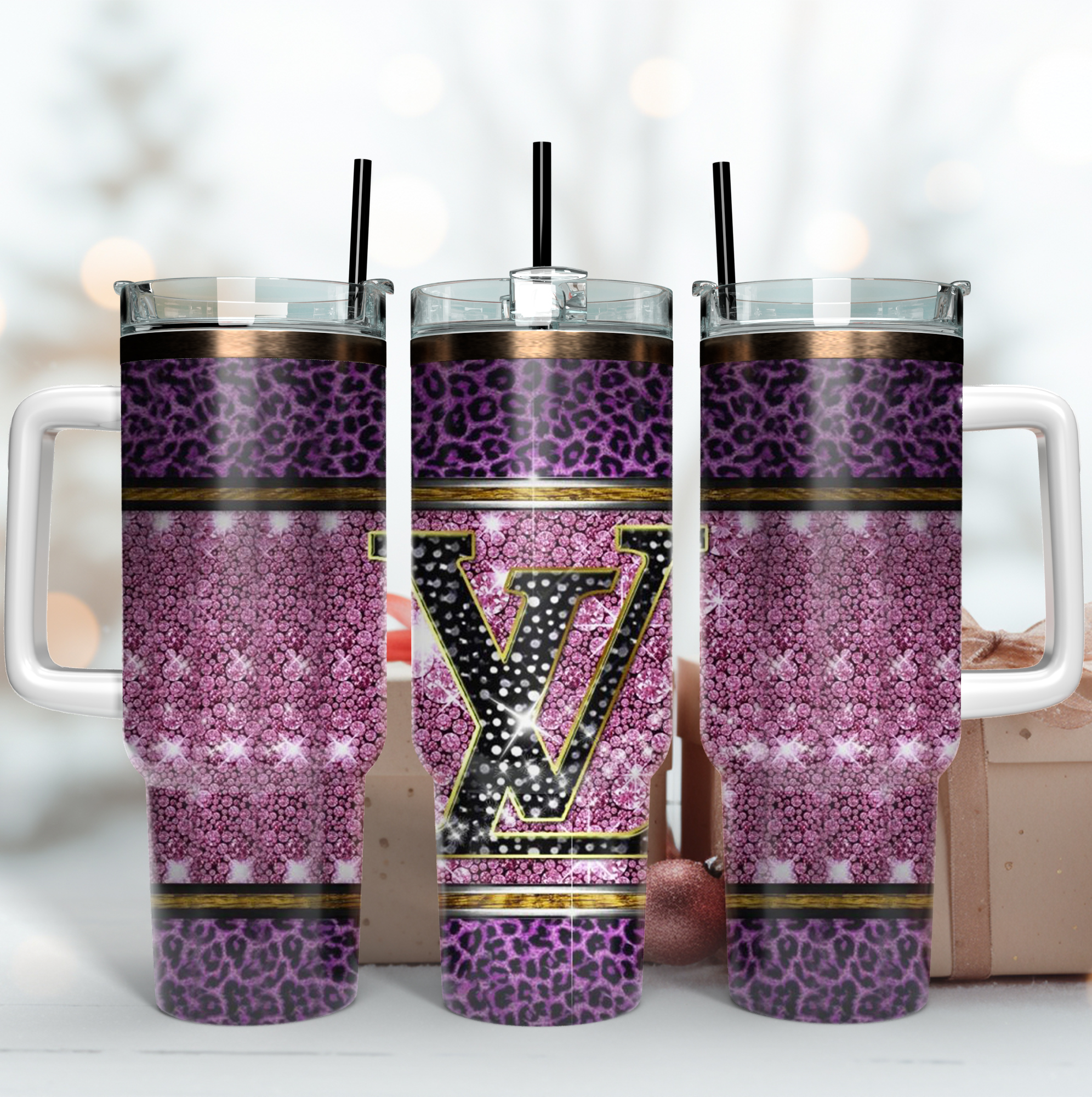 Chanel Glitter Logo Custom Stanley Quencher 40oz Stainless Steel Tumbler With Handle