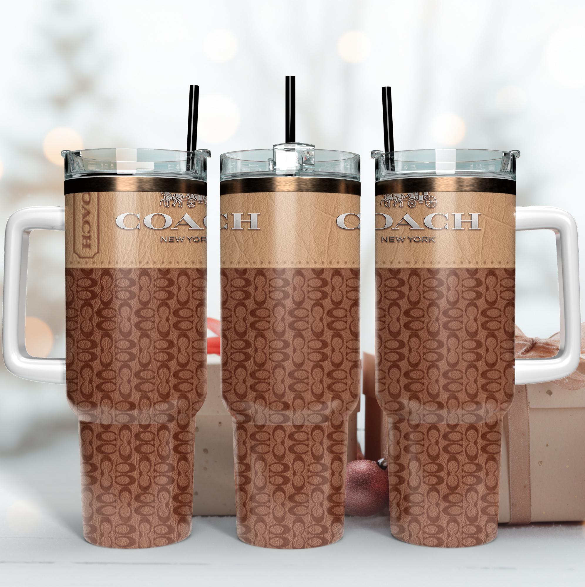 Coach Logo Leather Pattern Custom Stanley Quencher 40oz Stainless Steel Tumbler With Handle