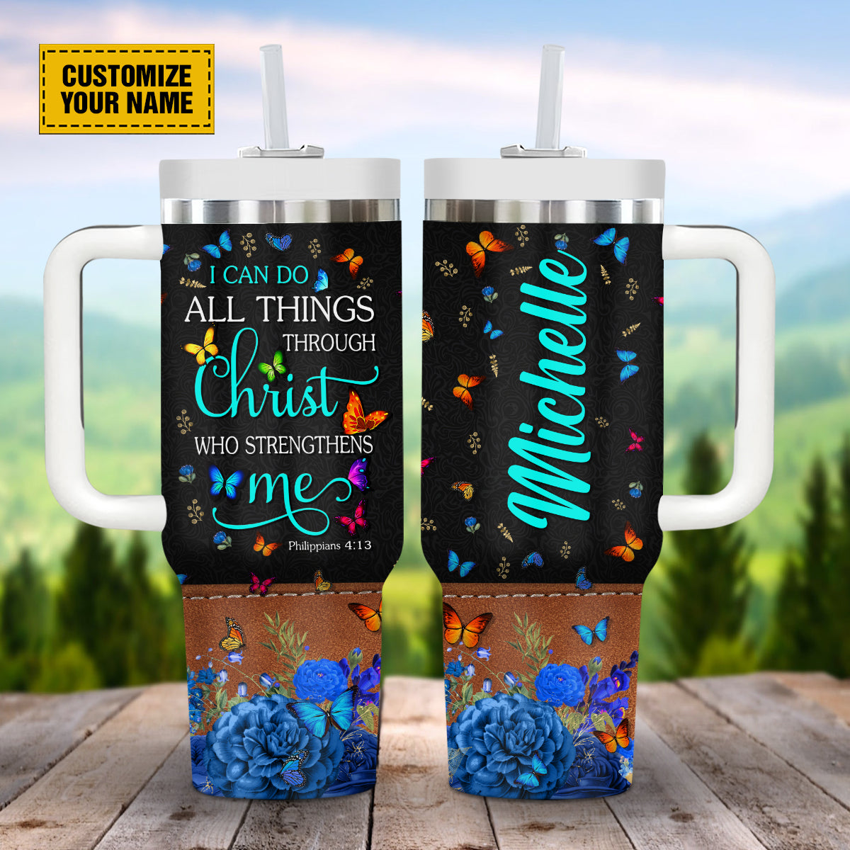 Colorful Butterfly Faith Custom Stanley Quencher 40oz Stainless Steel Tumbler With Handle