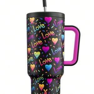 Colorful Heart Custom Stanley Quencher 40oz Stainless Steel Tumbler With Handle