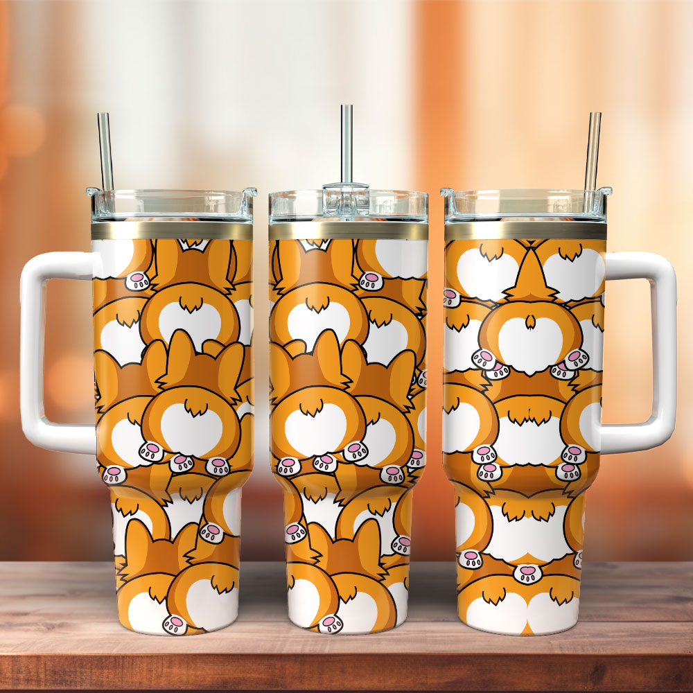 Cute Corgi Animal Custom Stanley Quencher 40oz Stainless Steel Tumbler With Handle