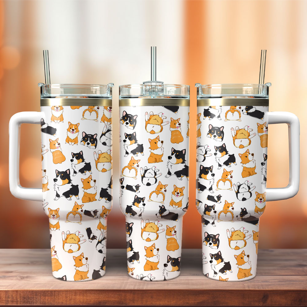 Cute Corgi Animal Custom Stanley Quencher 40oz Stainless Steel Tumbler With Handle