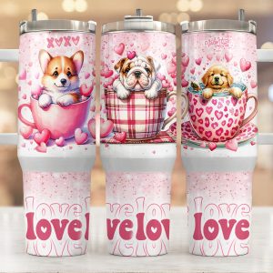 Cute puppies Valentine Gifts Custom Stanley Quencher 40oz Stainless Steel Tumbler With Handle
