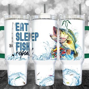 Eat Sleep Fish Repeat Fisherman Gift Custom Stanley Quencher 40oz Stainless Steel Tumbler With Handle