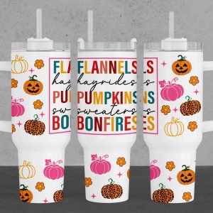 Flannels Pumpkins Bonfires Fall Vibes Custom Stanley Quencher 40oz Stainless Steel Tumbler With Handle