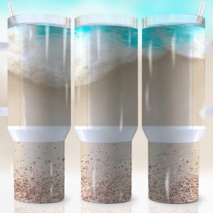 Glitter Sand Beach Custom Stanley Quencher 40oz Stainless Steel Tumbler With Handle