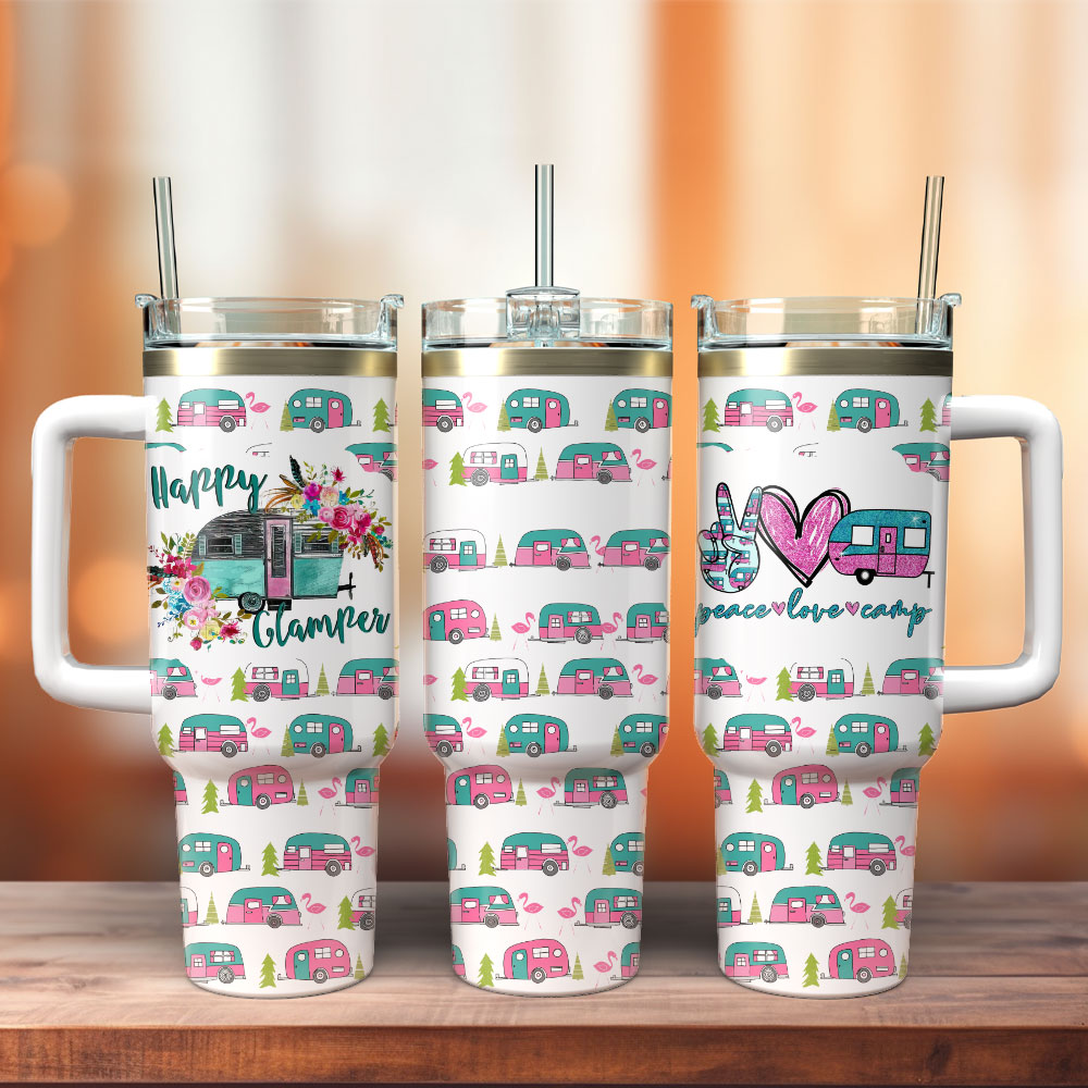 Happy Glamper Artwork Custom Stanley Quencher 40oz Stainless Steel Tumbler With Handle