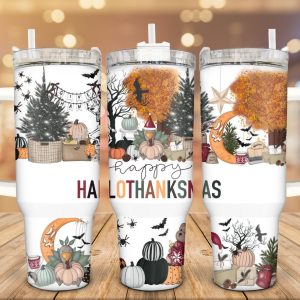 Happy HalloThanksMas Custom Stanley Quencher 40oz Stainless Steel Tumbler With Handle
