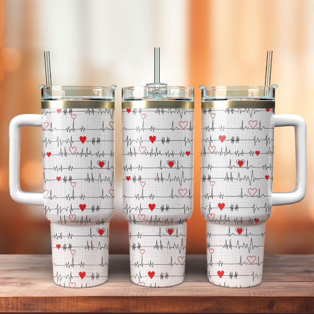 Heartbeat Line Artwork Custom Stanley Quencher 40oz Stainless Steel Tumbler With Handle