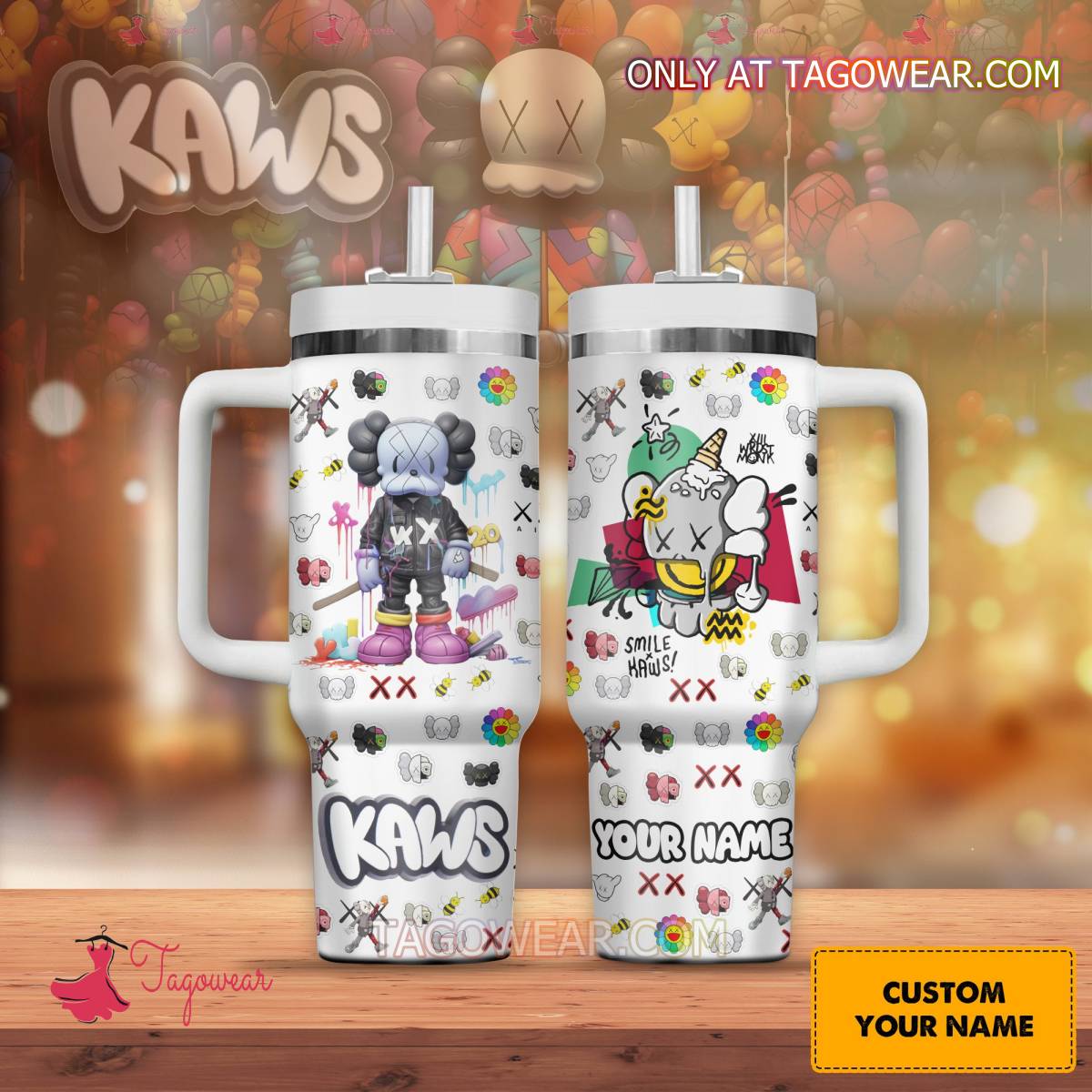 Kaws Smile Custom Stanley Quencher 40oz Stainless Steel Tumbler With Handle