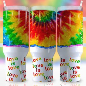 Love Is Love LGBTQ+ Tie Dye Pattern Custom Stanley Quencher 40oz Stainless Steel Tumbler With Handle