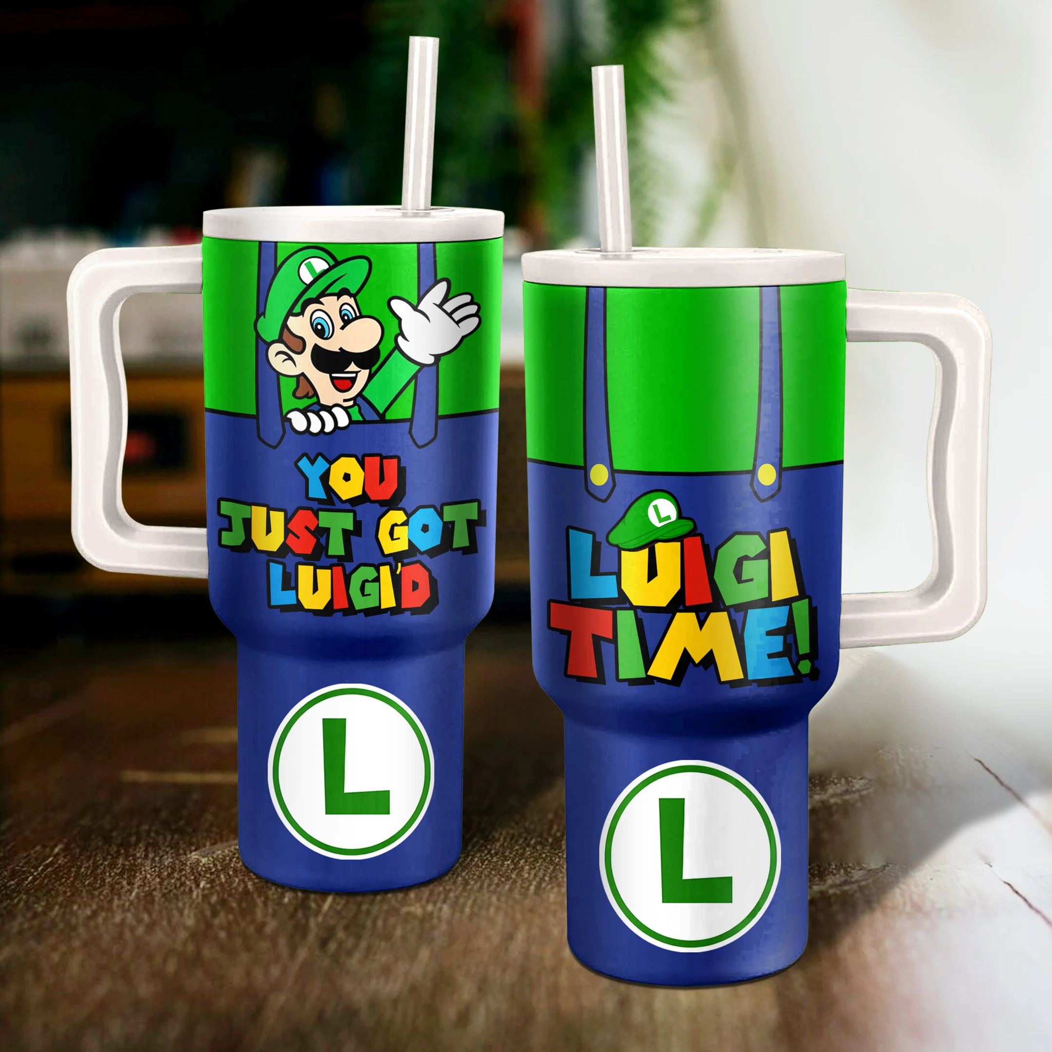 Luigi Super Mario Custom Stanley Quencher 40oz Stainless Steel Tumbler With Handle