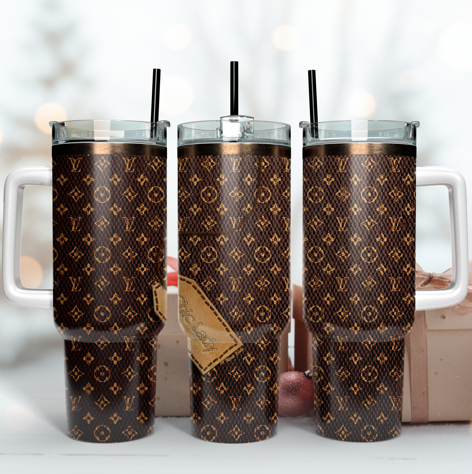 LV Logo Chic Lady Tag Custom Stanley Quencher 40oz Stainless Steel Tumbler With Handle