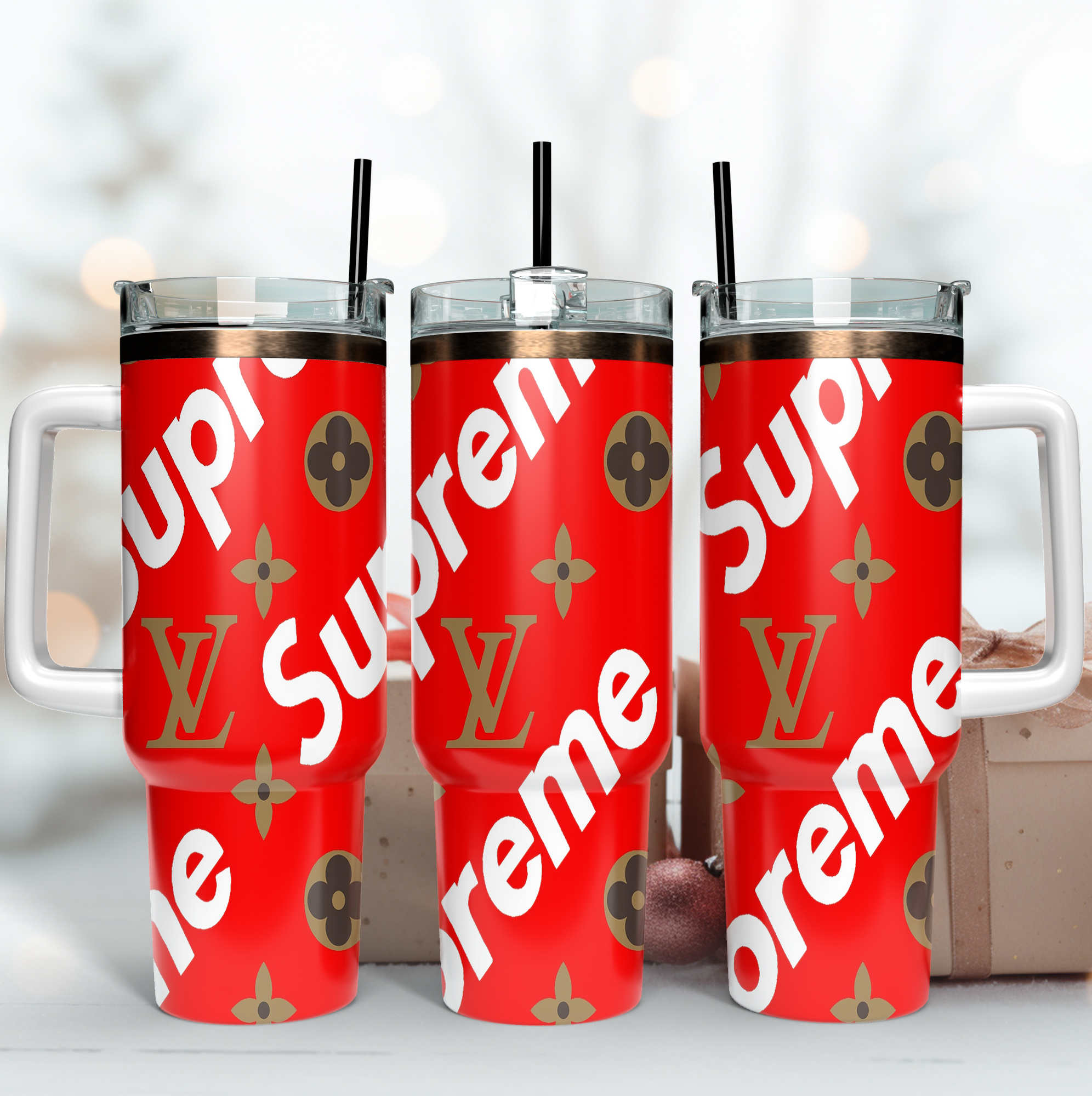 LV X Supreme Logo Custom Stanley Quencher 40oz Stainless Steel Tumbler With Handle