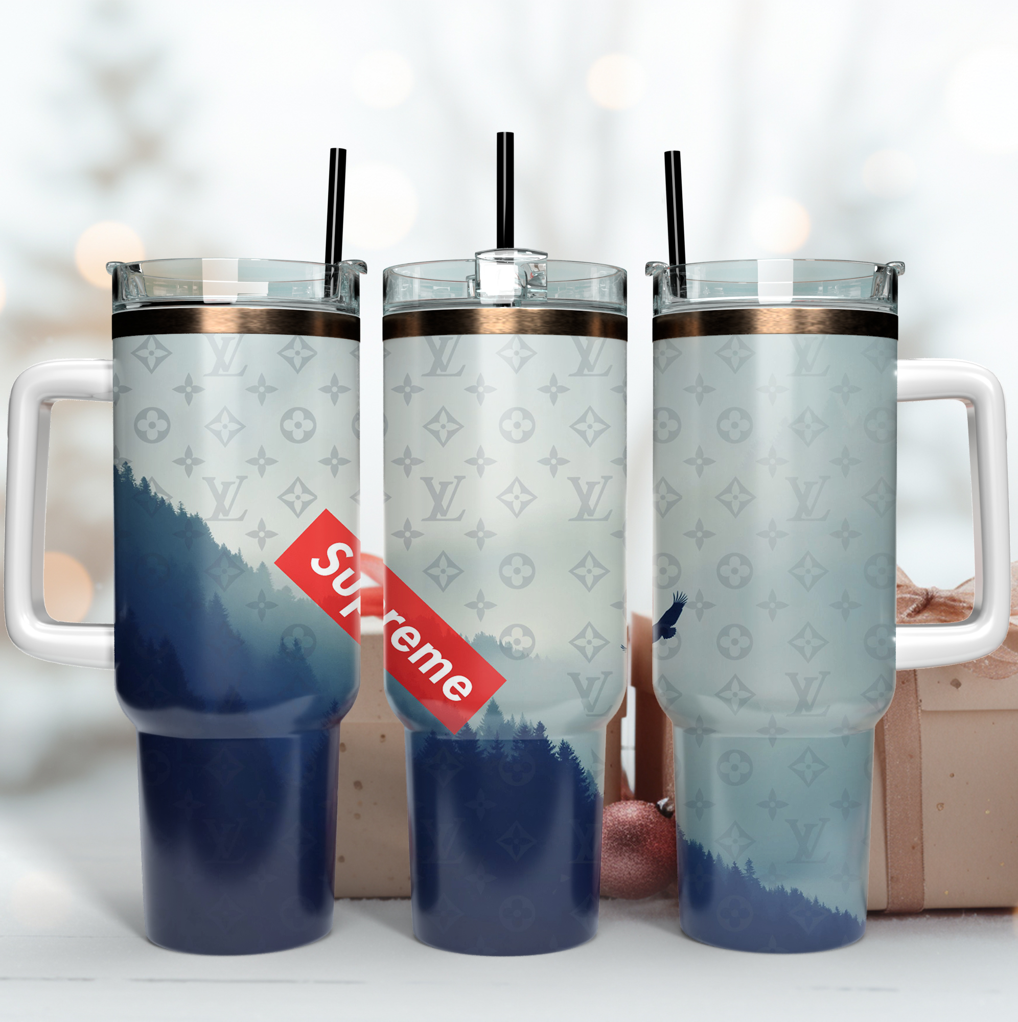 LV X Supreme Logo Custom Stanley Quencher 40oz Stainless Steel Tumbler With Handle
