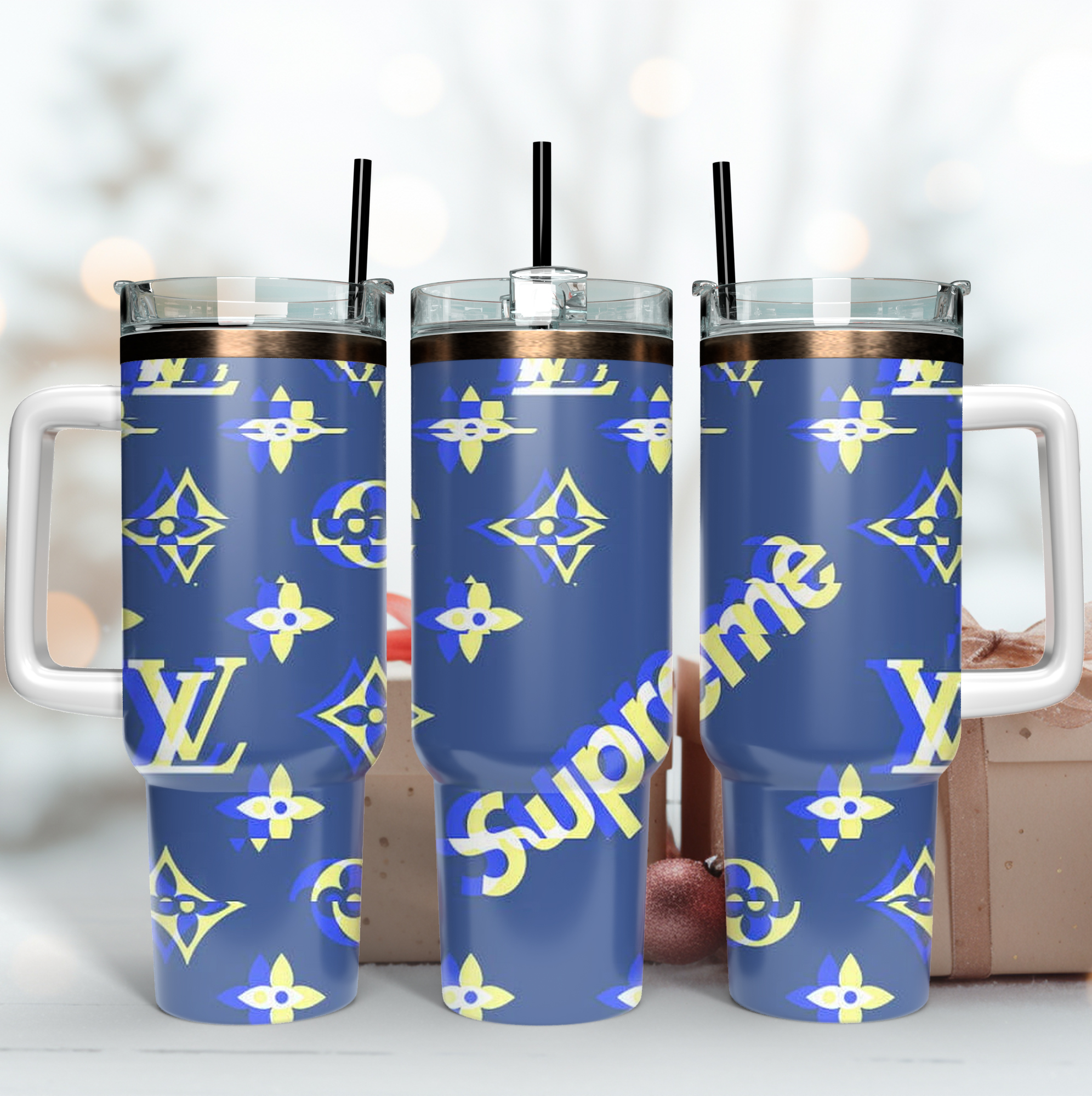 LV X Supreme Logo Custom Stanley Quencher 40oz Stainless Steel Tumbler With Handle