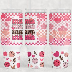 Mama Retro Checkered Smiley Face Custom Stanley Quencher 40oz Stainless Steel Tumbler With Handle