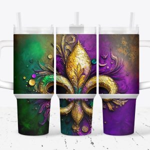 Mardi Gras Fleur Custom Stanley Quencher 40oz Stainless Steel Tumbler With Handle