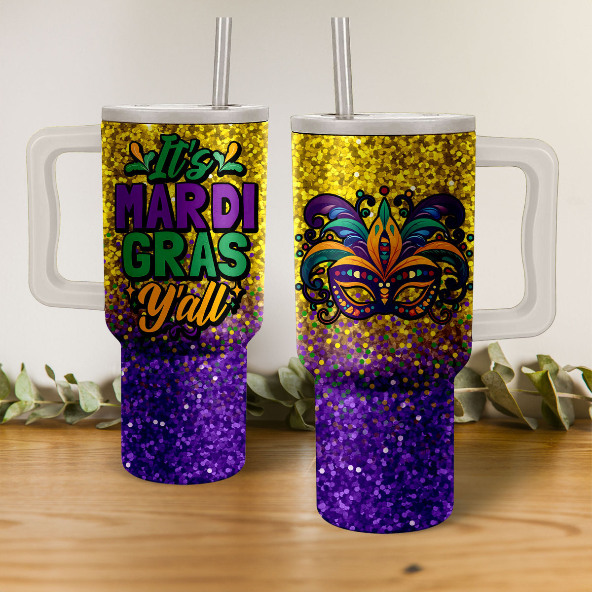 Mardi Gras Glitter Custom Stanley Quencher 40oz Stainless Steel Tumbler With Handle