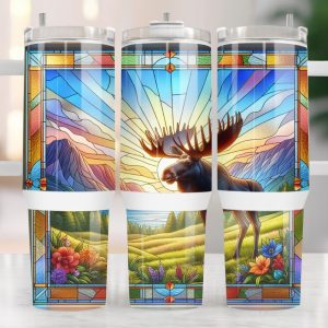 Moose Stained Glass Custom Stanley Quencher 40oz Stainless Steel Tumbler With Handle
