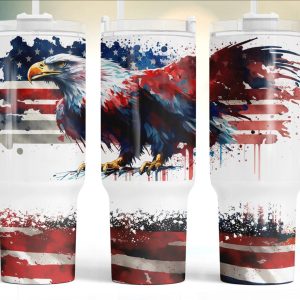 Patriotic Eagle American Flag Custom Stanley Quencher 40oz Stainless Steel Tumbler With Handle