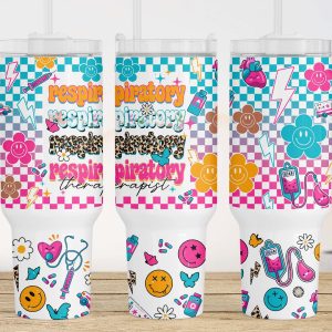 RT Respiratory Therapist Retro Checkered Smiley Face Custom Stanley Quencher 40oz Stainless Steel Tumbler With Handle