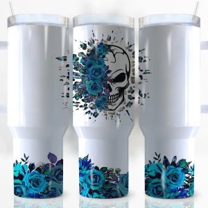 Skull And Roses Custom Stanley Quencher 40oz Stainless Steel Tumbler With Handle