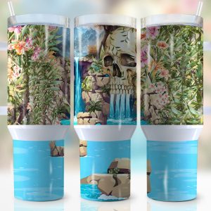 Skull Tropical Waterfall Custom Stanley Quencher 40oz Stainless Steel Tumbler With Handle