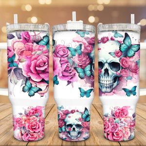 Skulls and Butterflies Custom Stanley Quencher 40oz Stainless Steel Tumbler With Handle