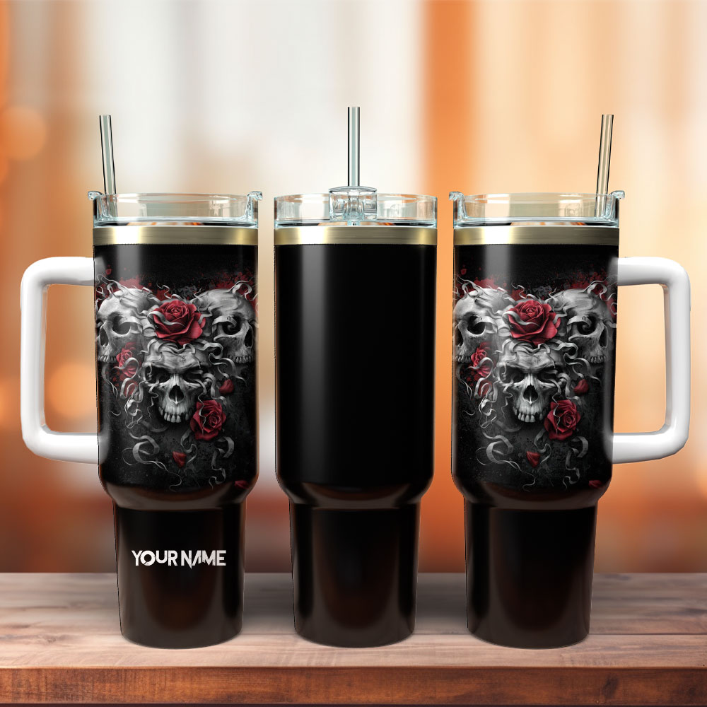 Skulls And Roses Artwork Custom Stanley Quencher 40oz Stainless Steel Tumbler With Handle