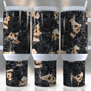 Skulls And Roses Custom Stanley Quencher 40oz Stainless Steel Tumbler With Handle