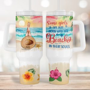 Summer Beach Girl Custom Stanley Quencher 40oz Stainless Steel Tumbler With Handle