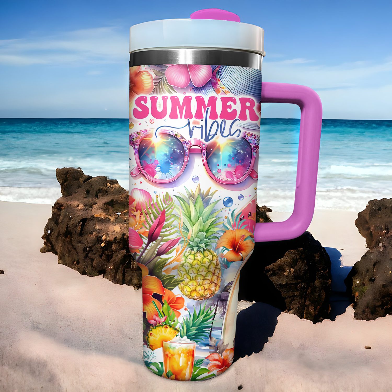 Summer Breeze Custom Stanley Quencher 40oz Stainless Steel Tumbler With Handle