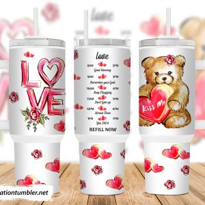 Valentines Day Teddy Bear Custom Stanley Quencher 40oz Stainless Steel Tumbler With Handle