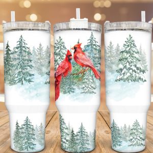 Winter Cardinal Custom Stanley Quencher 40oz Stainless Steel Tumbler With Handle