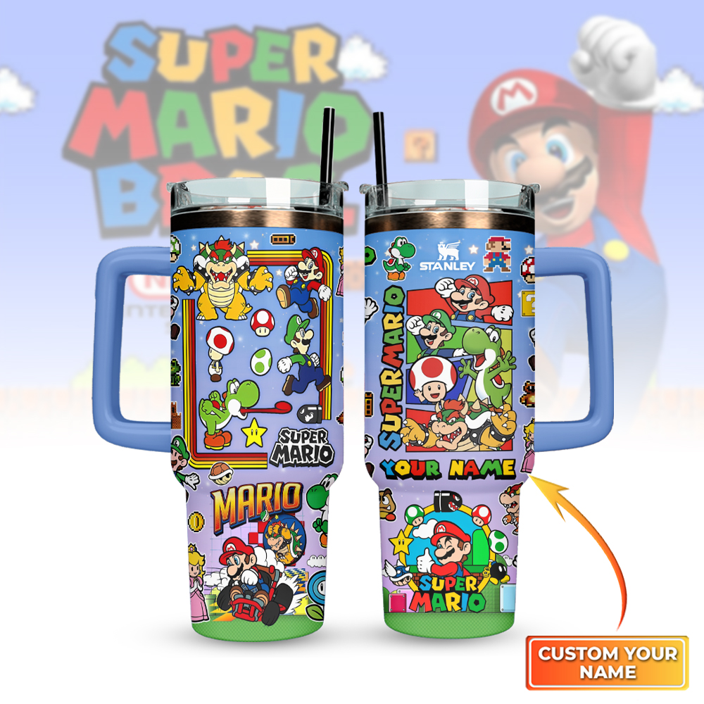 Super Mario Games Custom Stanley Quencher 40oz Stainless Steel Tumbler With Handle
