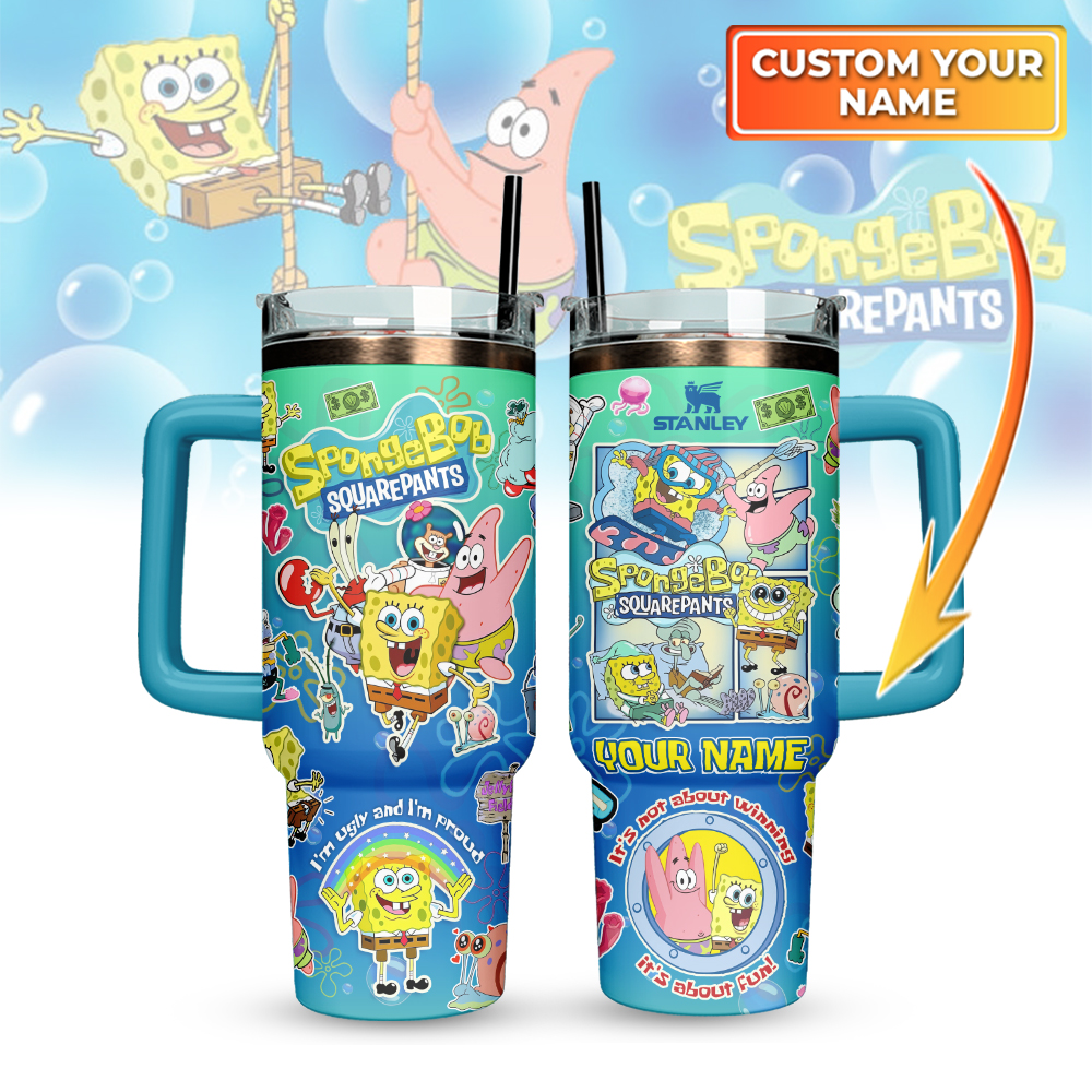 SpongeBob SquarePants Cartoon Custom Stanley Quencher 40oz Stainless Steel Tumbler With Handle