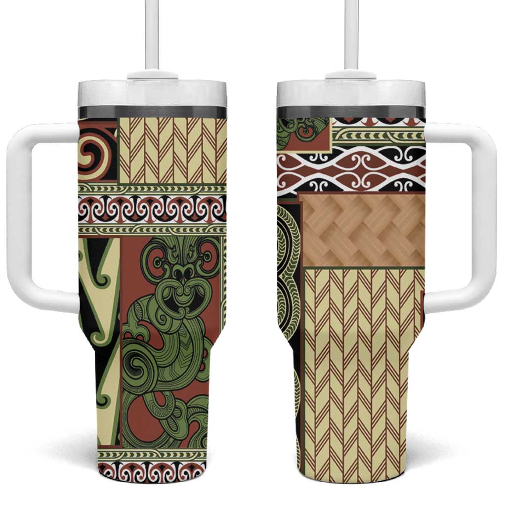 Beige Aotearoa Kowhaiwhai Pattern Custom Stanley Quencher 40oz Stainless Steel Tumbler With Handle