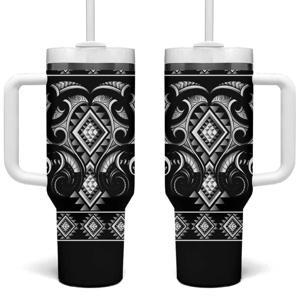 Black Ngaru Taniko With Aotearoa Maori Tattoo Custom Stanley Quencher 40oz Stainless Steel Tumbler With Handle
