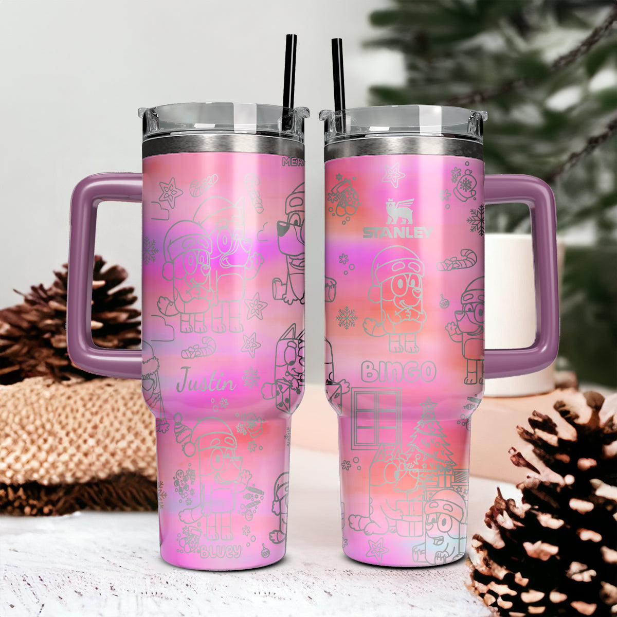 Bluey And Bingo Cartoon Custom Stanley Quencher 40oz Stainless Steel Tumbler With Handle