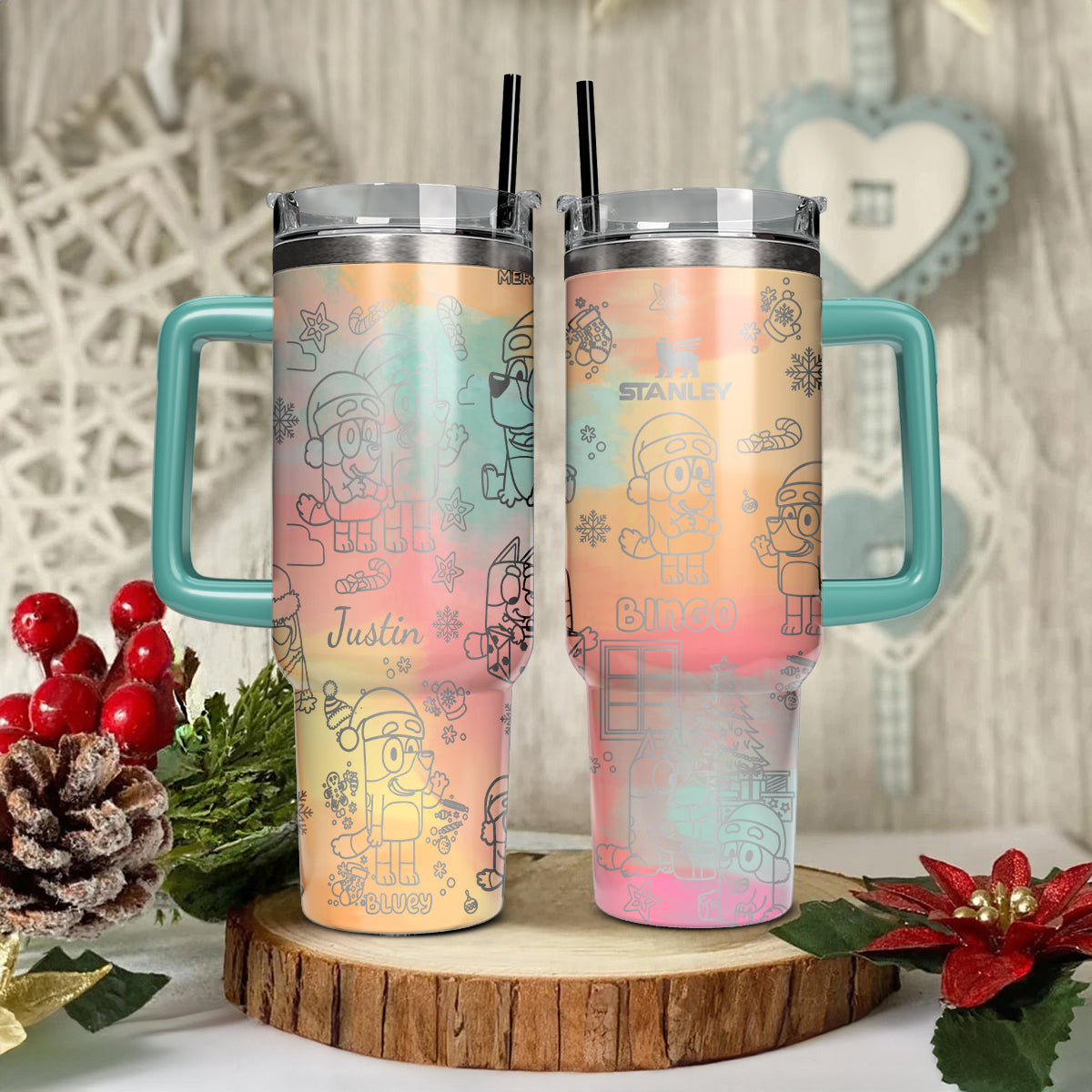 Bluey And Bingo Cartoon Custom Stanley Quencher 40oz Stainless Steel Tumbler With Handle