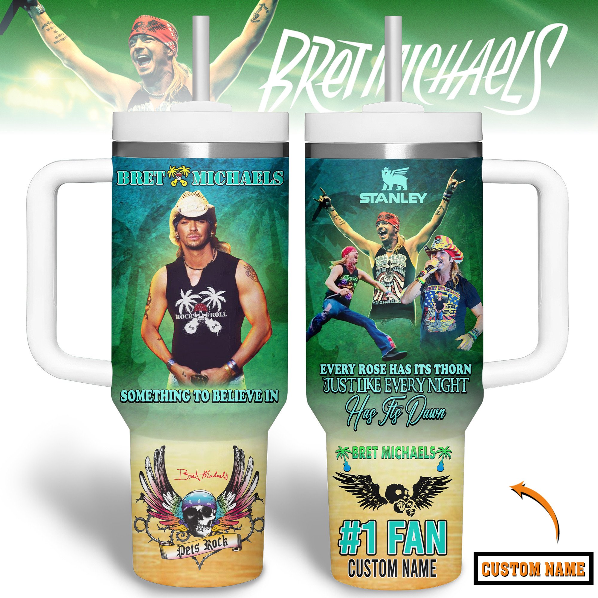 Bret Michaels Music Custom Stanley Quencher 40oz Stainless Steel Tumbler With Handle