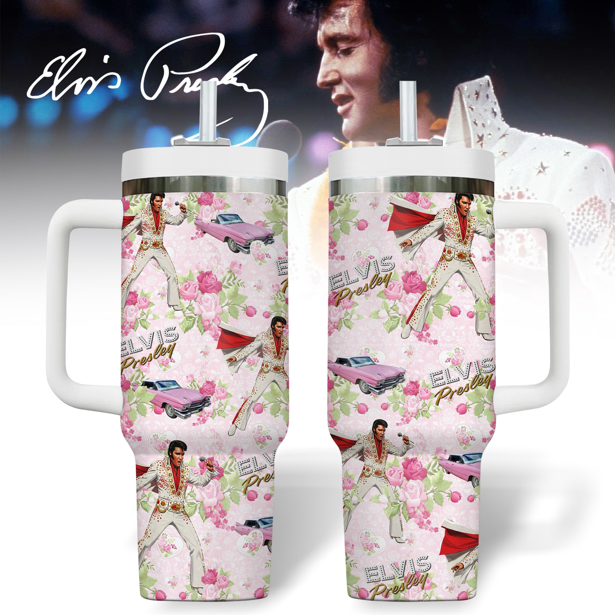 Elvis Presley Music Custom Stanley Quencher 40oz Stainless Steel Tumbler With Handle