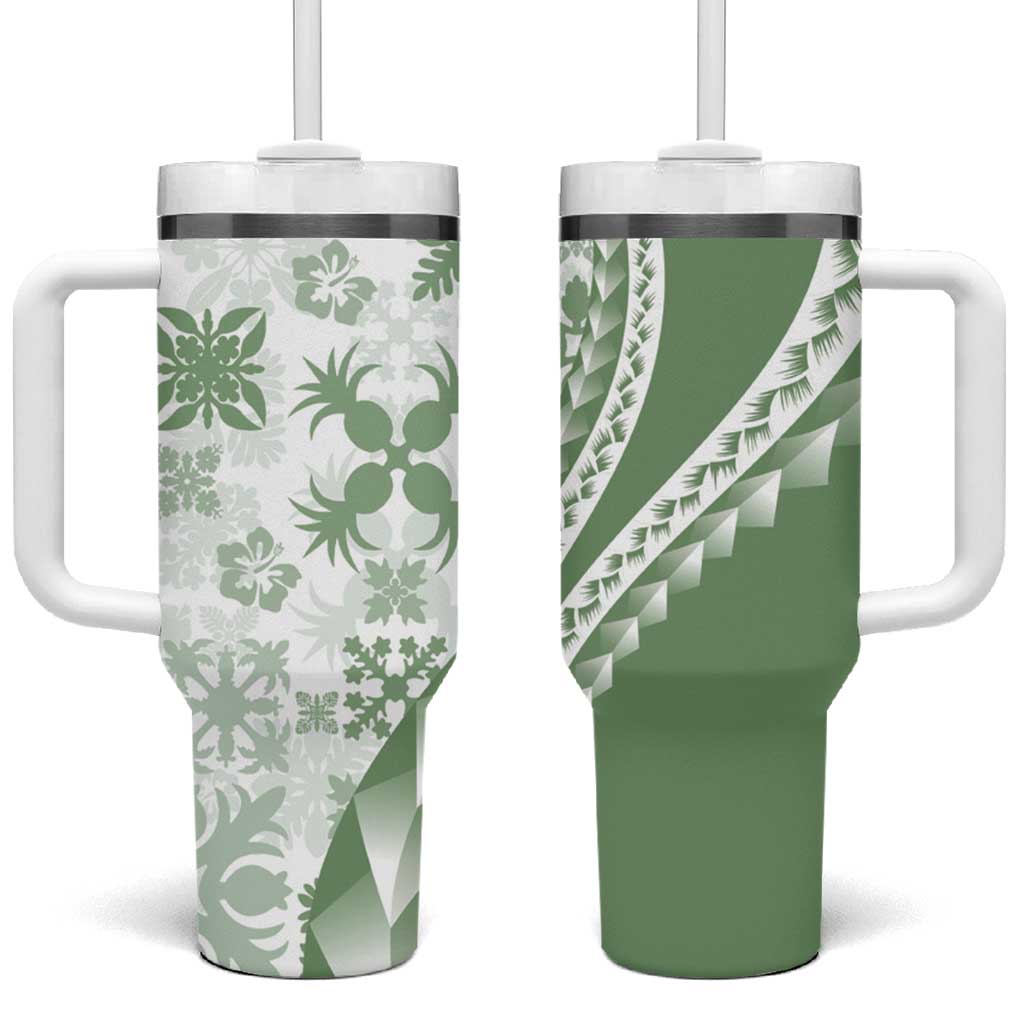Green Hawaiian Quilt Pattern Custom Stanley Quencher 40oz Stainless Steel Tumbler With Handle